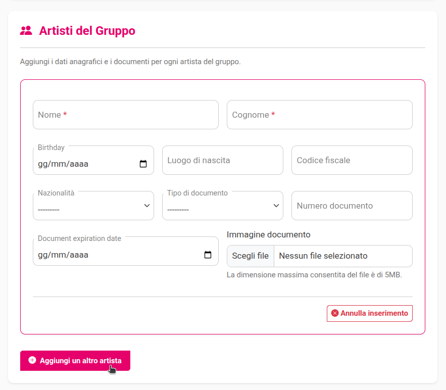 inserimento artisti nel gruppo