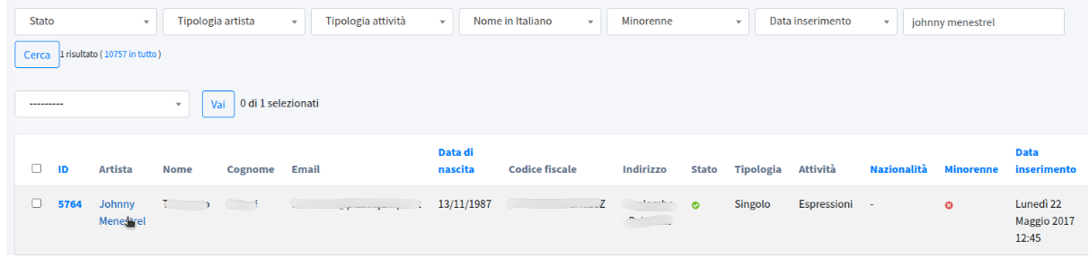 Screenshot lista artisti