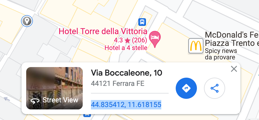 screenshot processo aggiunta coordinate ad una location