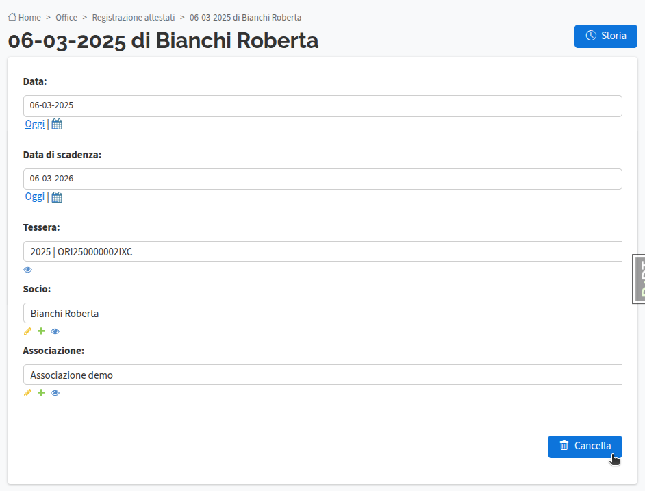 Cancella attestato