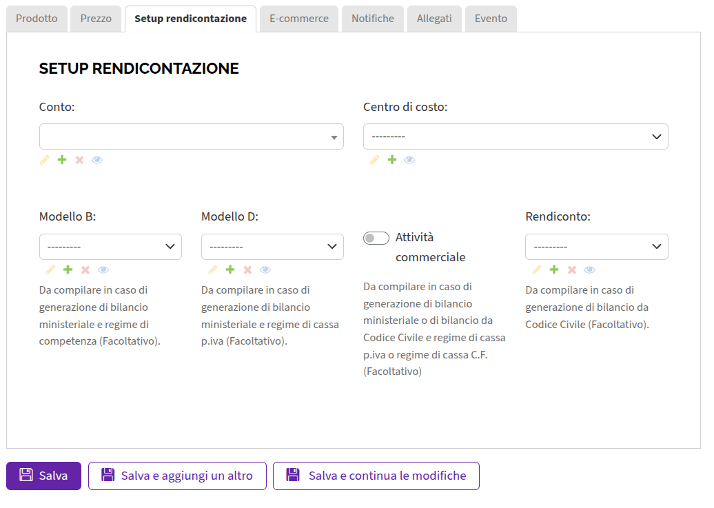 Set up rendicontazione
