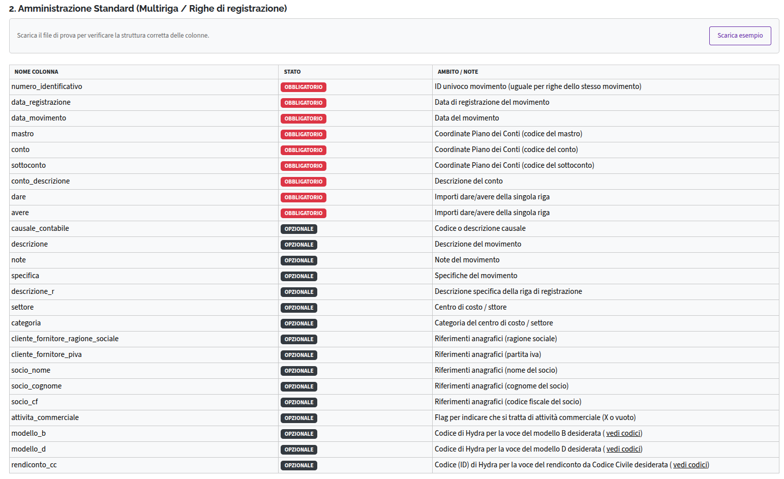 Importazione prima nota amministrazione standard