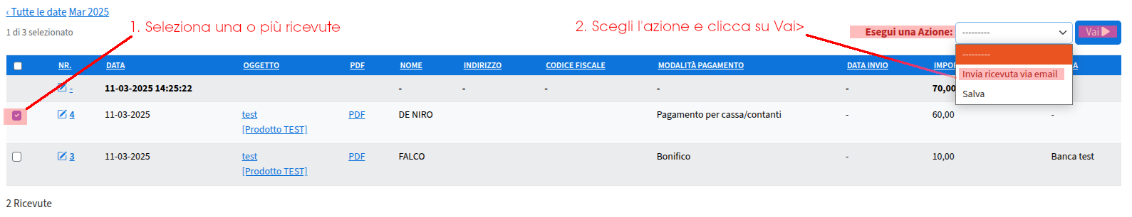 Amministrazione Ricevute (azioni)