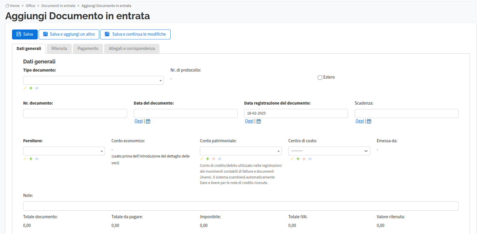 Schermata di inserimento documento