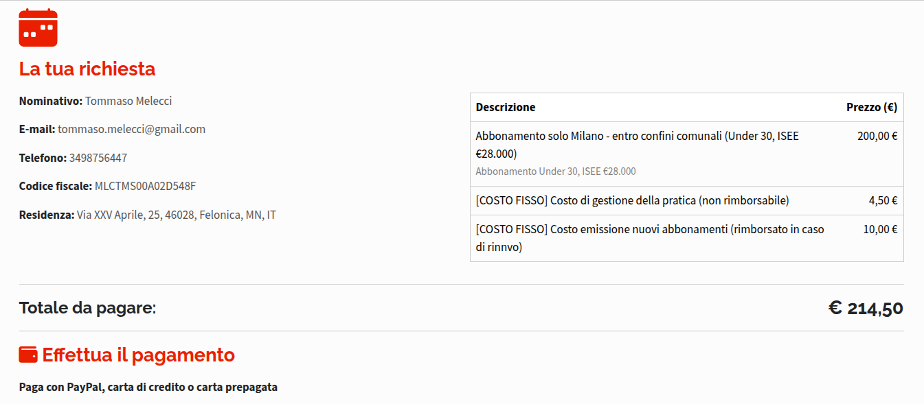 riepilogo pagamento abbonamento