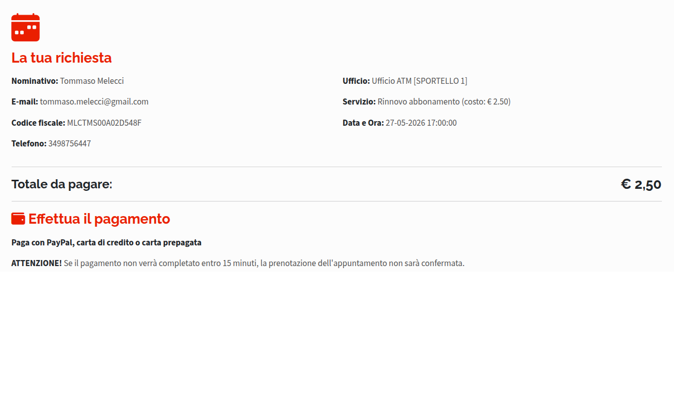 riepilogo pagamento prenotazione