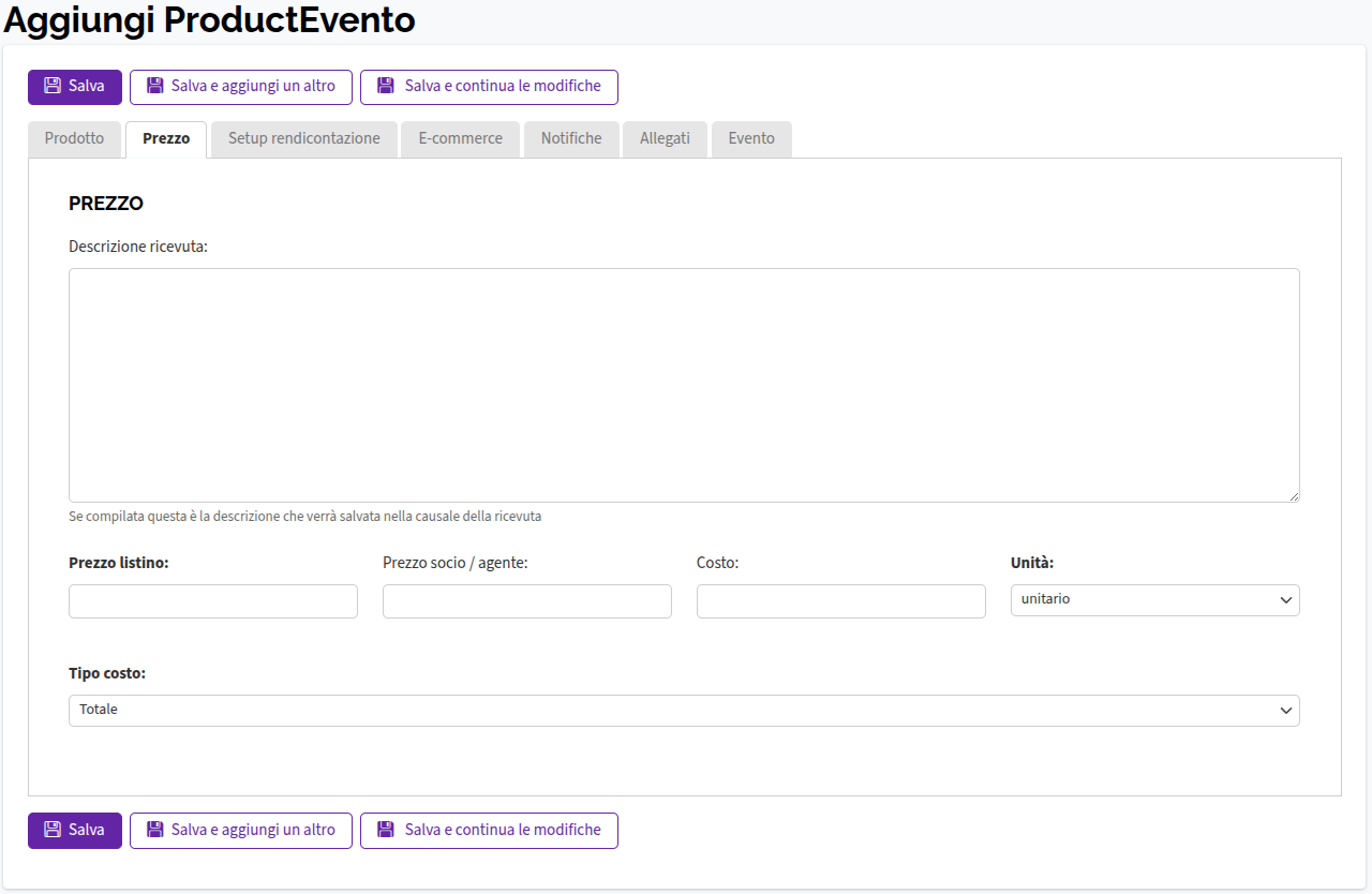 Aggiungi prodotto tab prezzo