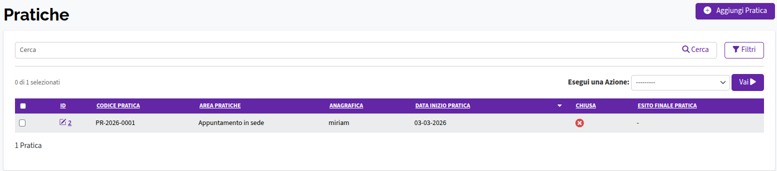 Visualizzazione lista pratiche