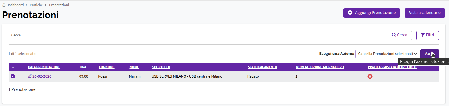Eliminazione da lista prenotazioni
