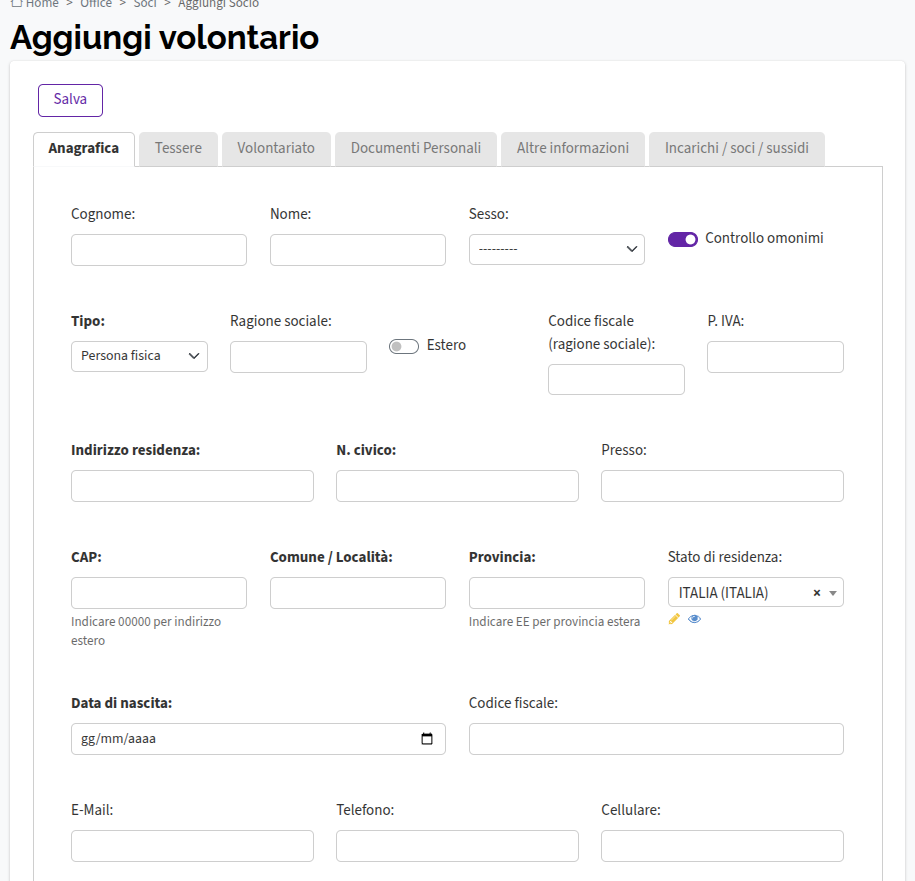 anagrafica aggiungi volontario