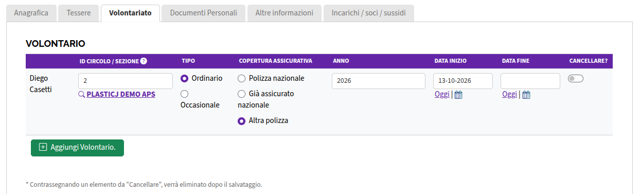 tab Volontariato aggiungi volontario