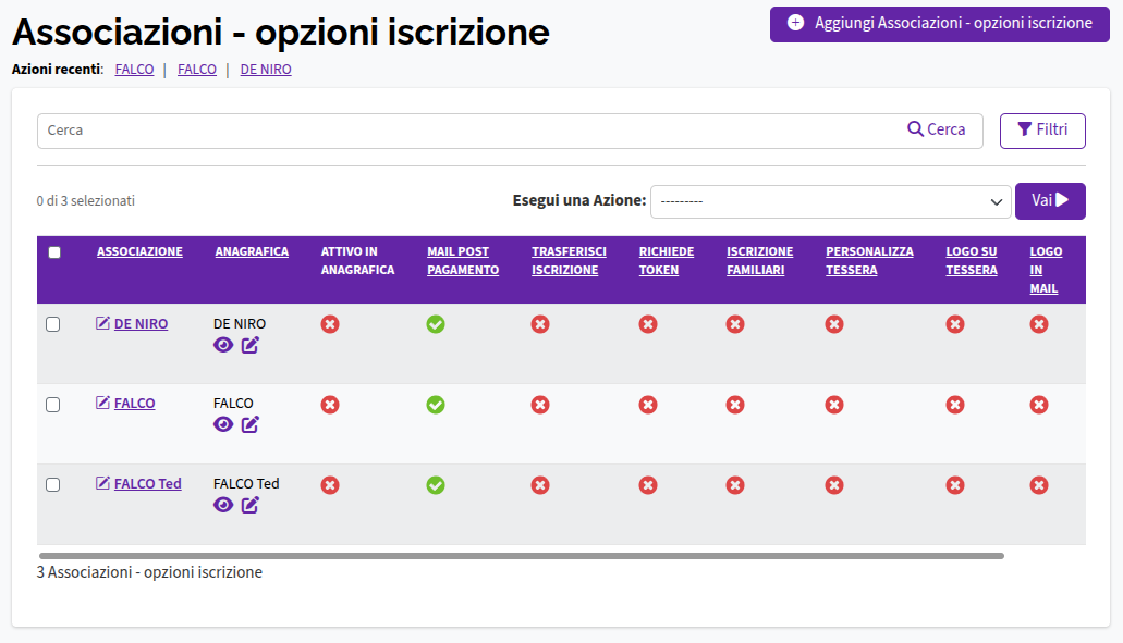 Impostazioni - Associazioni - opzioni iscrizione