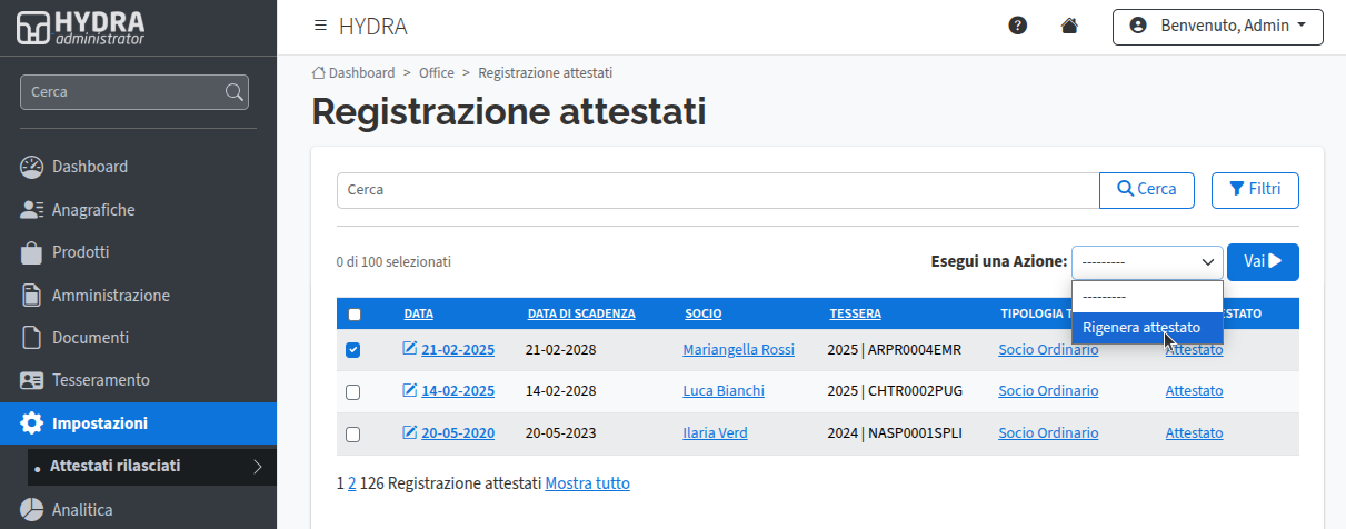 Attestati rilasciati e rigenera attestato