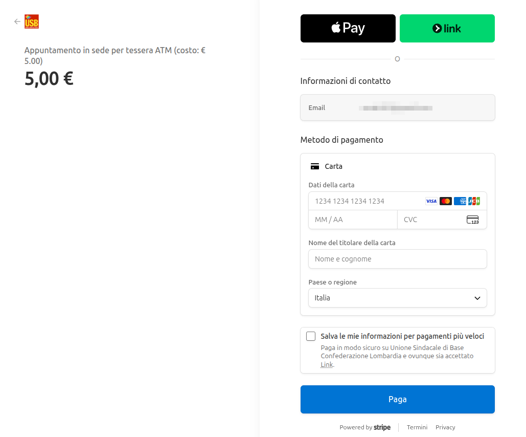 Pagamento appuntamento tessera
