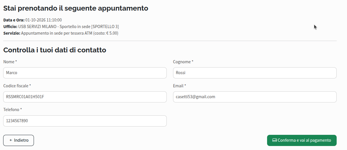 Riepilogo prenotazione