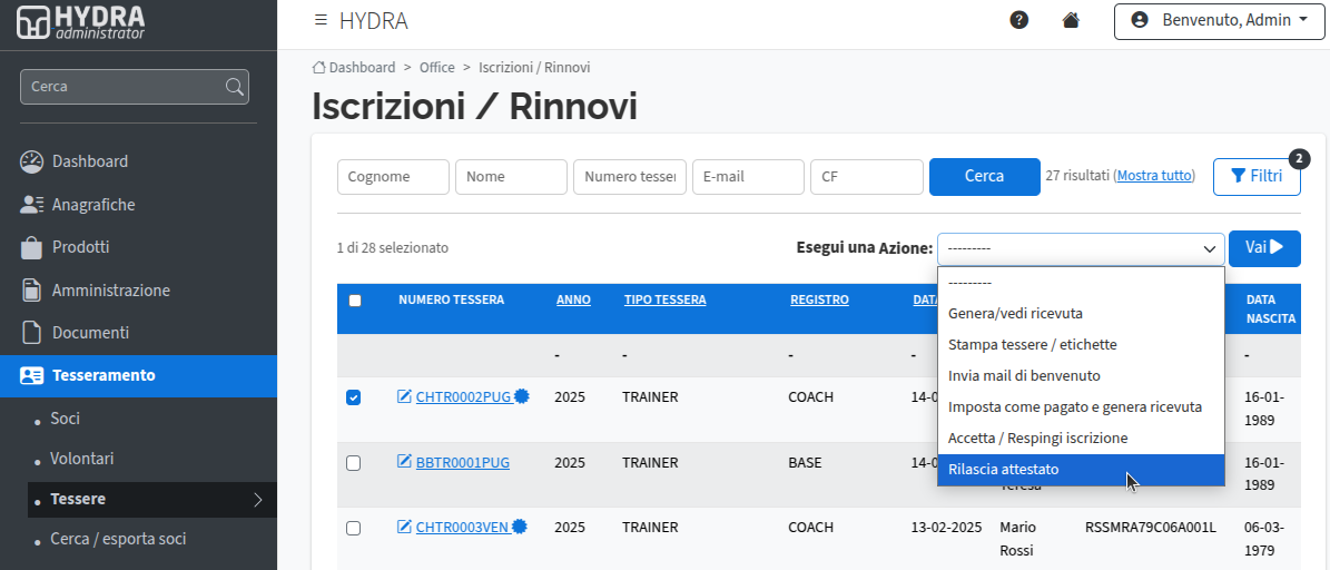 Elimina Attestato rilasciato