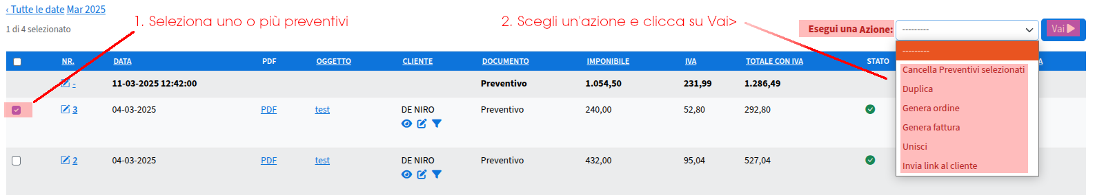 Amministrazione Preventivi (azioni)