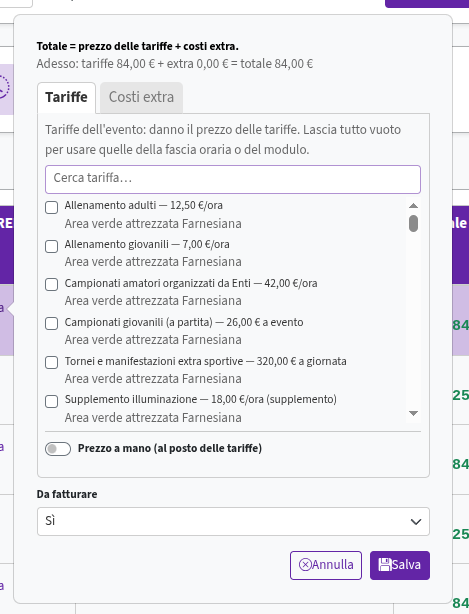 Modifica tariffa orario