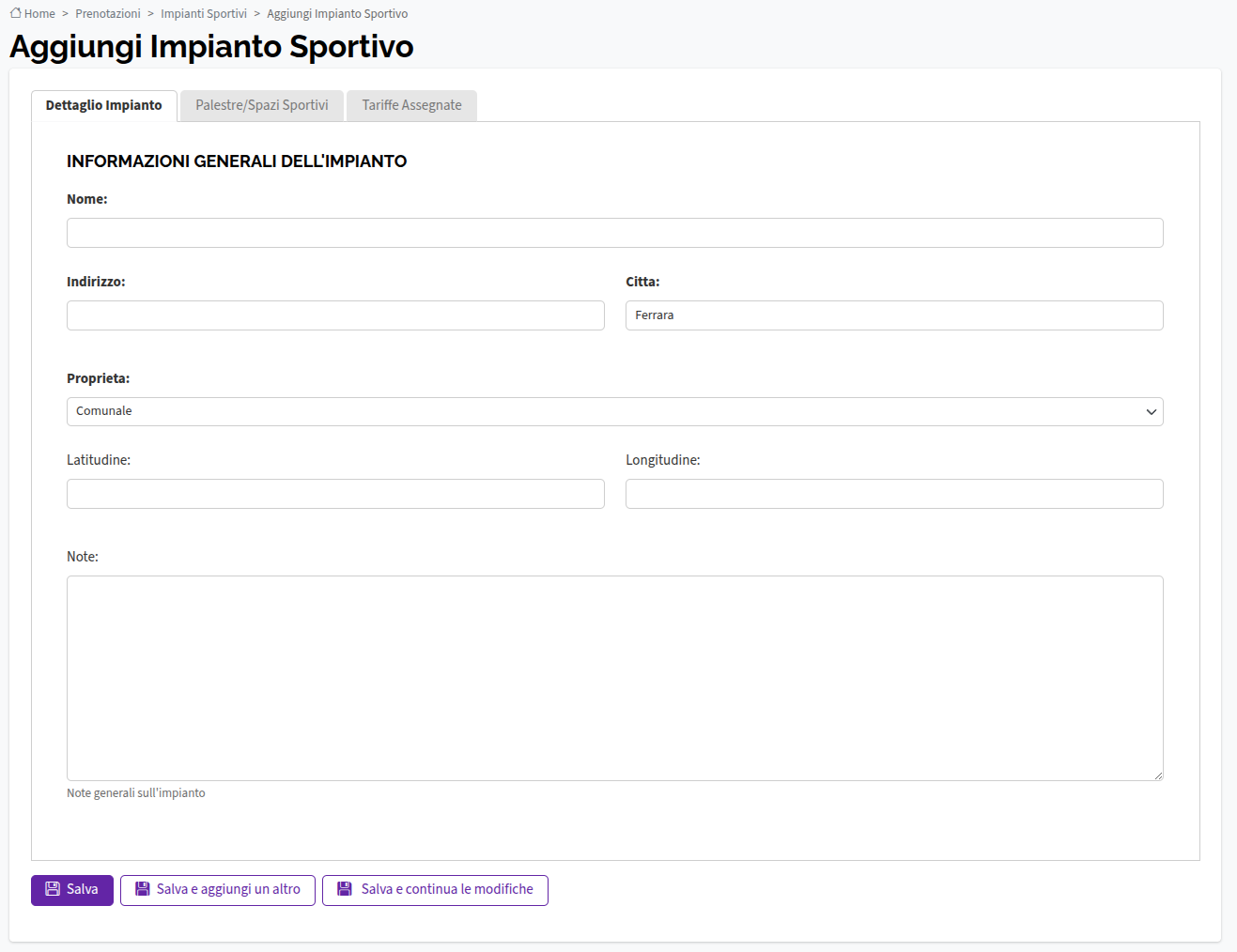 Aggiungere Impianto Sportivo